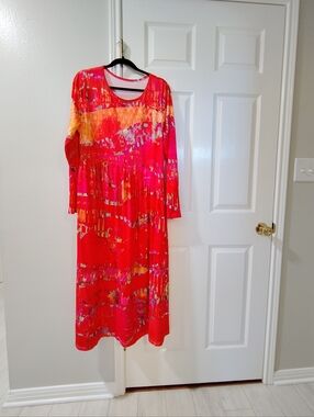 New Red Orange Floral Print Maxi Vacation Dress Shein XXL Fits Like XL Or Large